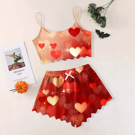 SHITINN Women's Heart Print Casual Pajama Shorts Set Short Sleeve Womens Pajamas Shorts Satin Pajamas for Women Sleep Wear for Women