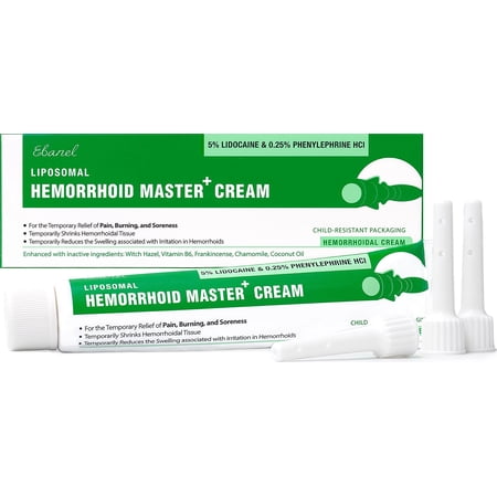 Ebanel 5% Lidocaine Hemorrhoid Treatment Cream with Witch Hazel, Phenylephrine, Horse Chestnut, Vitamin B6, Zinc Oxide, External and Internal Hemorrhoids Treatment Burn Itch Pain Relief Anal Cream