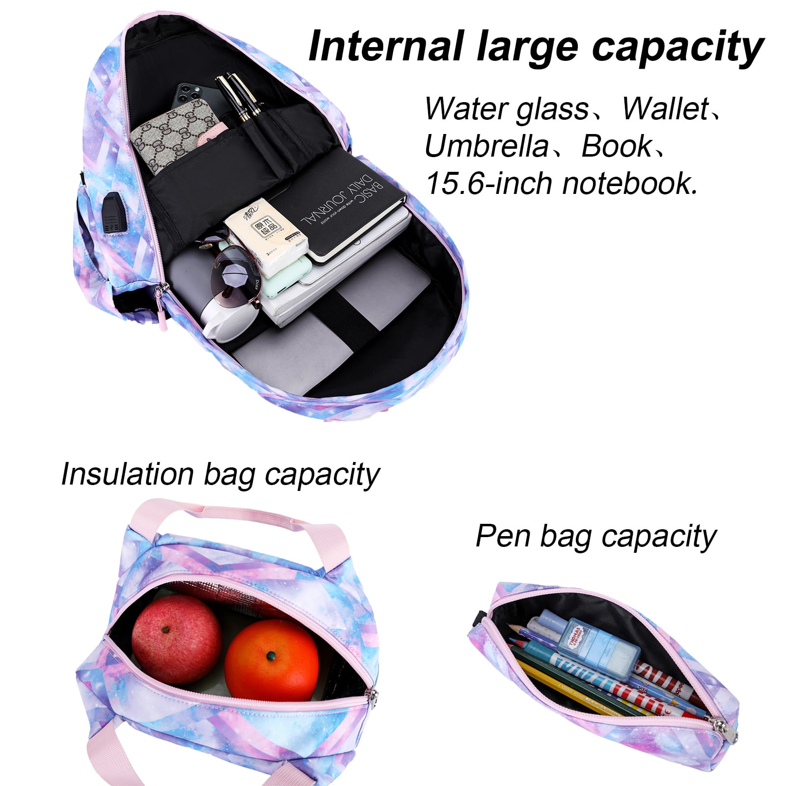 Blue School Backpacks with Lunch Bag for Teen ,Water Resistant Lightweight Large Books Bag