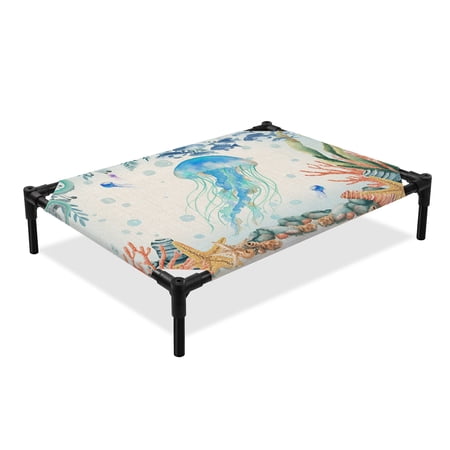 Summer Ocean Jellyfish Elevated Dog Bed Nautical Colorful Sea Fish Coral Starfish Linen Cooling Breathable Outdoor Raised Dog Cot Bed with Metal Frame Non-Slip Feet for Large Dog 28x22in