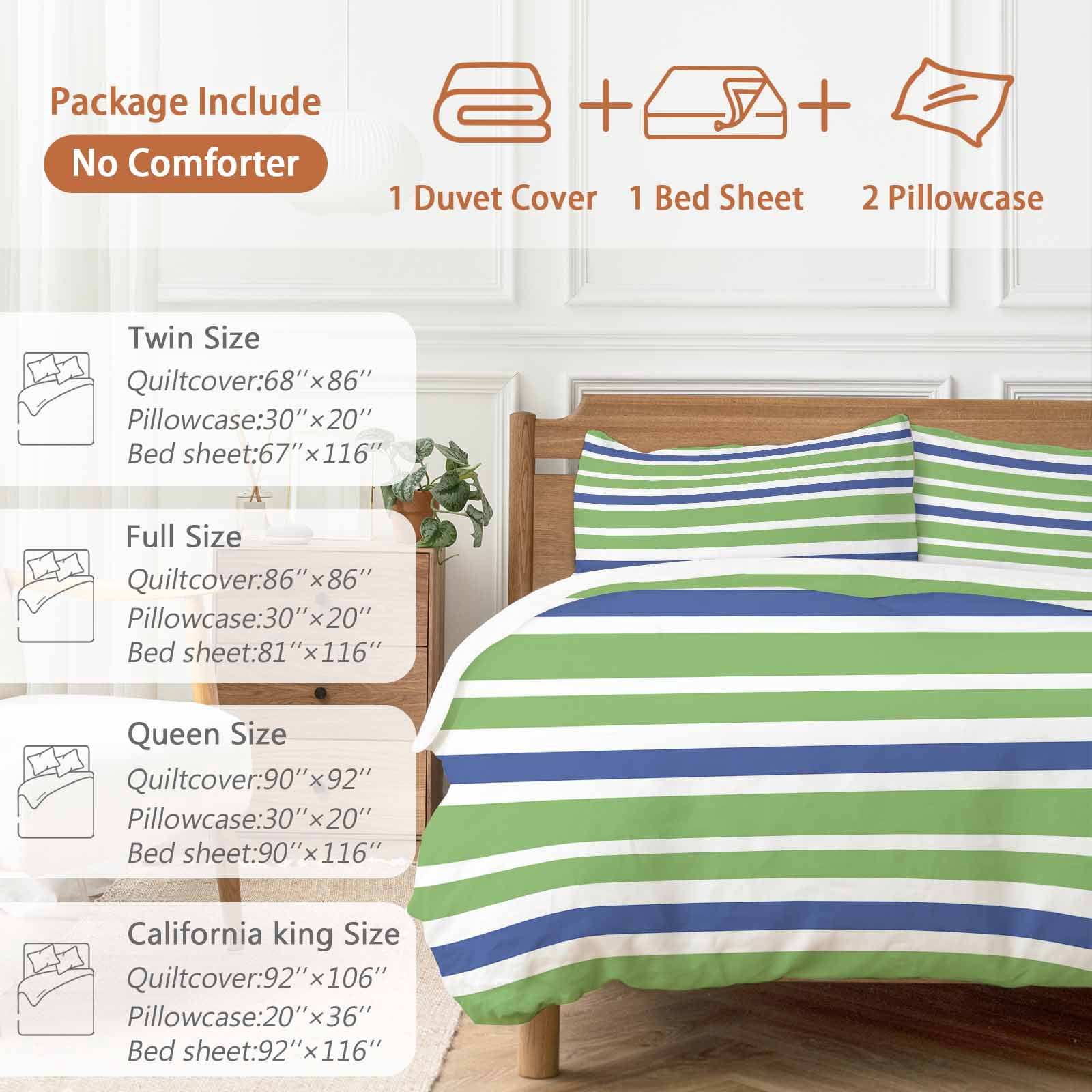 Green Blue Bedding Duvet Cover Set King Size 4 Pieces White Stripe Soft Twill Plush Quilt Cover, Include 1 Duvet Cover 1 Flat Sheet And 2 Pillow