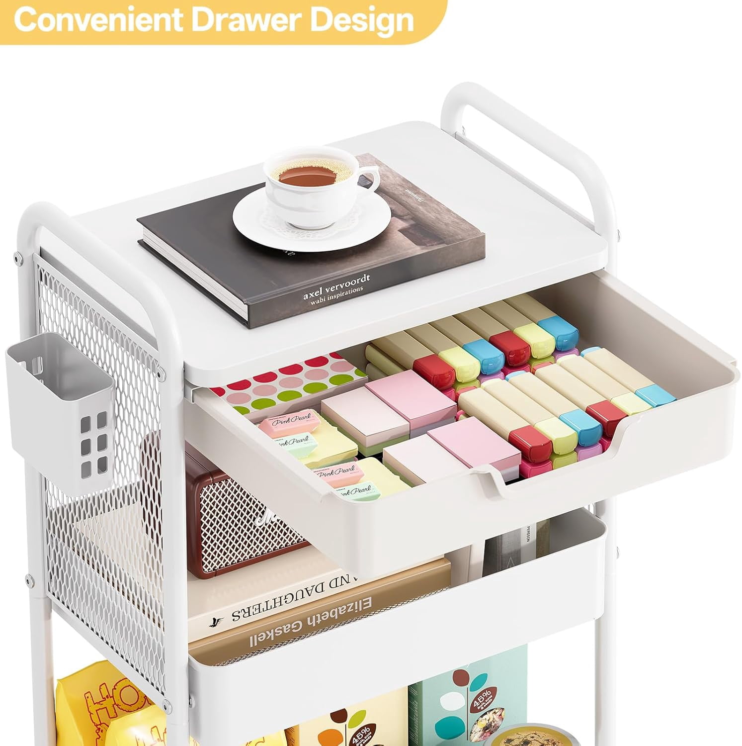 3 Tier Metal Rolling Utility Cart with Drawer & Pegboard - Multifunctional Storage Cart on Wheels with Tabletop, Hooks & Basket, Sturdy Craft & Art Cart for Bathroom, Bedroom, Children Room