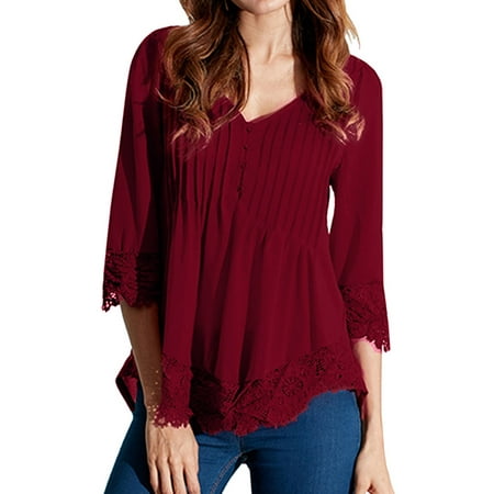 V-neck Vintage Tunic - Womens V Neck Lace Floral Pleated Tunic Tops