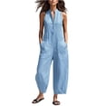 thumbnail image 3 of VV AVEORS Wide Leg Jumpsuits For Women Sleeveless Half Button Up Stand Collared Linen Jumpsuits Loose Casual Long Overall With Pockets Sky Blue S, 3 of 8
