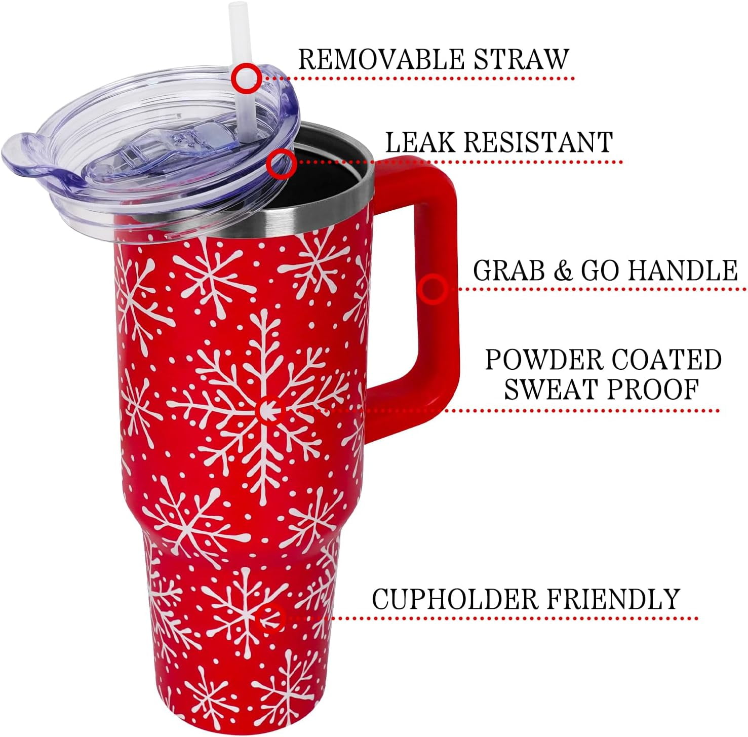 Christmas Tumbler with Handle and Straw Lid 40 oz,Cute Christmas Gifts for Women Red Snowflakes Vacuum Insulated Leak Proof Tumbler,Winter Holiday Accessories Stainless Steel Coffee Cup Mug