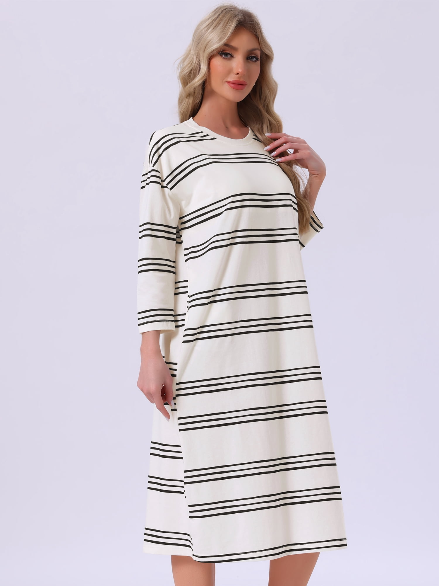 DARING DIVA Women's Cotton Stripe Long Sleeve Nightgown with Built in Bra L White