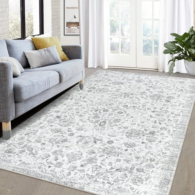 YUSAZENS 8x10 Vintage Floral Traditional Distressed Non-Slip Low Pile Area Rug Indoor Throw Carpet Floor Decor Gray