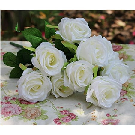 Arrangement Of Flower Real Real Artificial Rose, DIY Decoration and Flower Arrangement, Table Flower, Silk 10 heads (White) ()