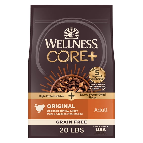 Wellness CORE Dry Dog Food with Freeze Dried Pieces, Grain Free, High Protein, Natural, Original Turkey & Chicken Recipe, (20-Pound Bag)