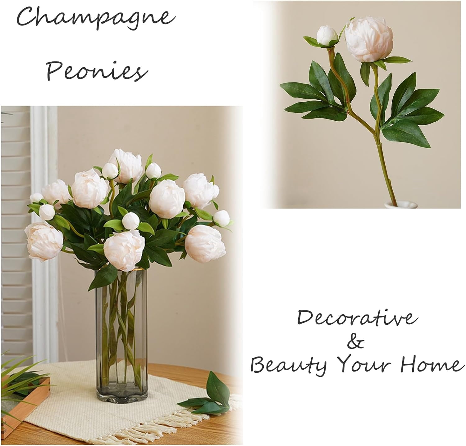 Champagne Artificial Peonies Silk Peonies with Stems Real Look Fake Peonies Artificial Flowers for Wedding Centerpieces Bridal/Baby Shower Party Decorations (Champagne)