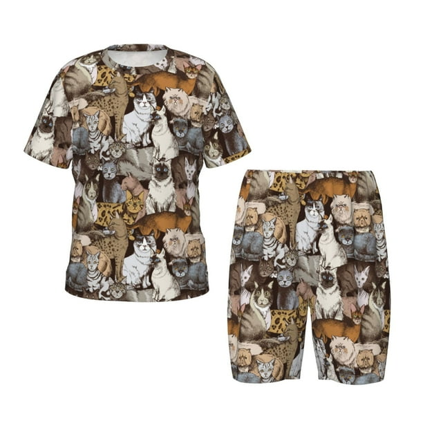 Balery Cut Cats Conjunto de Pijama Infantil de Manga Corta con Estampado – Ropa de Dormir de Algodón Suave-Large