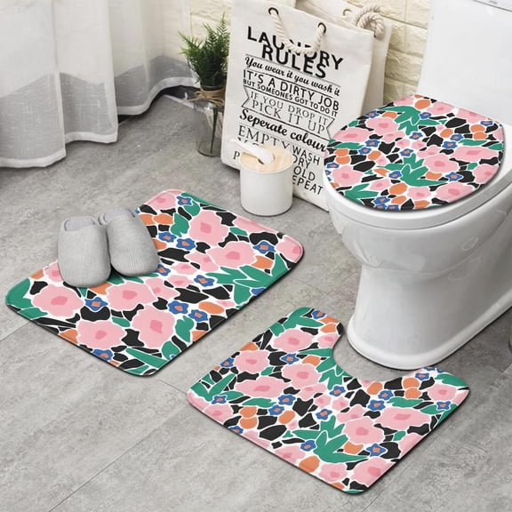 Pioneer Flower Floral Print Pattern Bathroom Rugs Sets 3 Piece,Toilet Cover Set,Absorbent Non Slip Bathroom Mats Sets with U-Shaped Contour Rug Toilet Rug Set