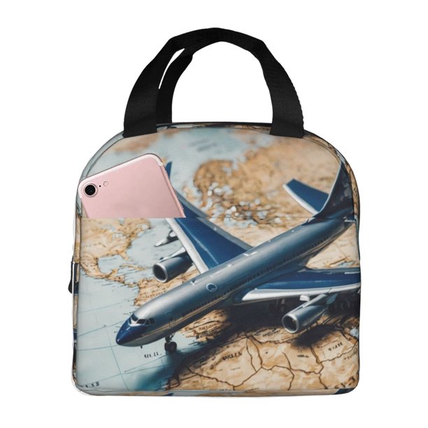 Balery Airplane World Map Adventure Bolsa de Almuerzo Aislada – Caja de Almuerzo con Papel de Aluminio Grueso, Mantiene la Comida Fresca por 4 Horas