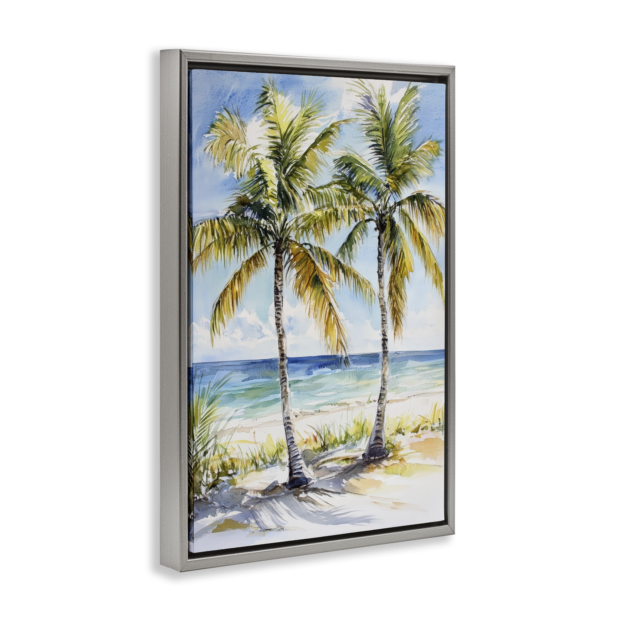 Stupell Industries Sandy Palms Duo Ocean View Gray Framed Floater Canvas Wall Art, design by Petal Prints Design