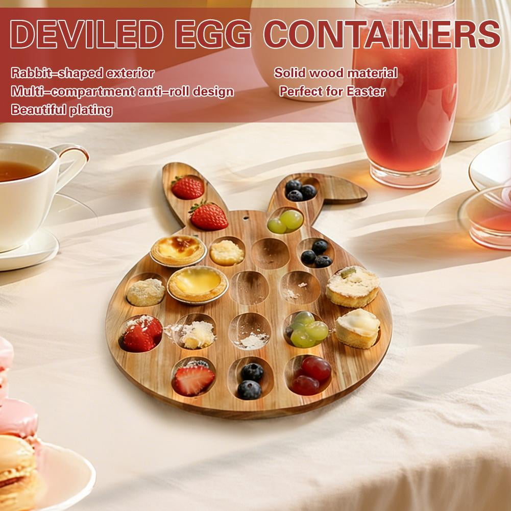 Wooden Deviled Egg Tray Bunny Shaped Deviled Egg Platter Holds 21 Eggs Double Sided Wood Charcuterie Board for Easter Spring Holiday Party Countertop Appetizer Serving Container