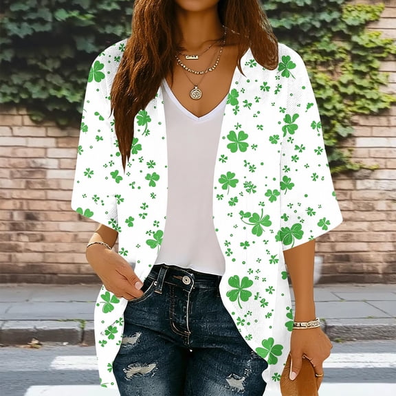 Womens St. Patrick's Day Kimono Beach Cover Up Cardigan Floral Printed Tops Loose 3/4 Sleeve Lightweight Capes Green 03 S