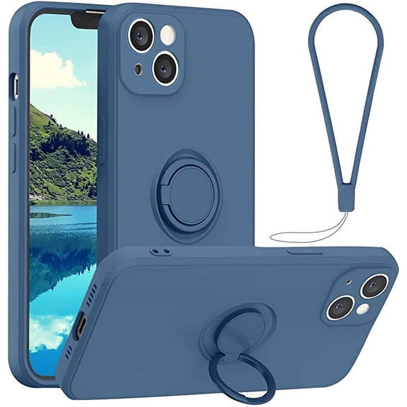 Silicone ring bracket mobile phone case for iPhone 13,360 ° bracket protective cover with hand strap, support magnetic vehicle bracket, 6.1 inches（Blue）