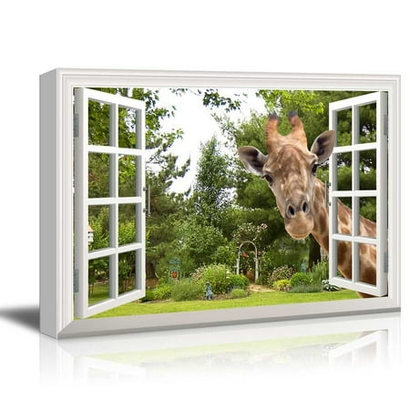 Window Frame Art Canvas Print Wall Art - Window Frame Style Wall Decor - A Curious Giraffe Sticking Its Head into an Open Window | Giclee Print Gallery Wrap Modern Home Decor. Stretched & Ready to Hang - 24