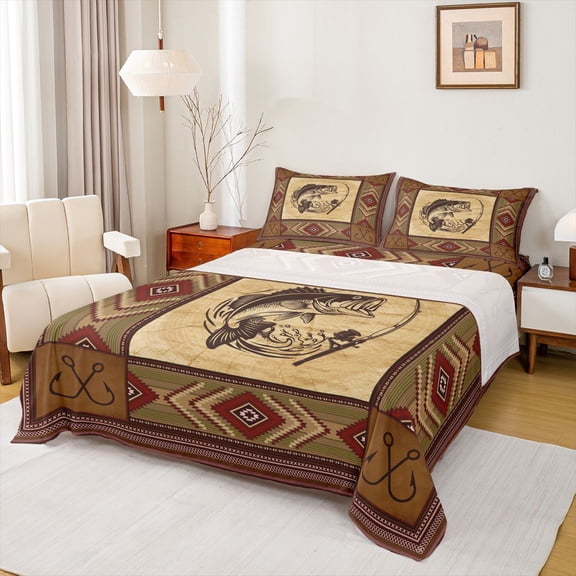 Homewish Western Tribal Aztec Twin Sheet Sets for Men, Hunting Animal Pike Fish Twin Fitted Sheet, Bohemian Mandala Flat Sheet, Microfiber Bedroom Decor, 3pcs