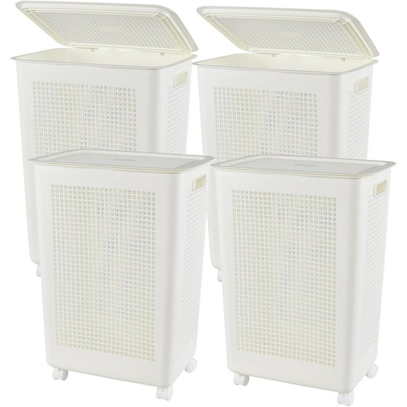 4 Packs Laundry Hamper with Lockable Wheels, Plastic Laundry Basket with Lid, White