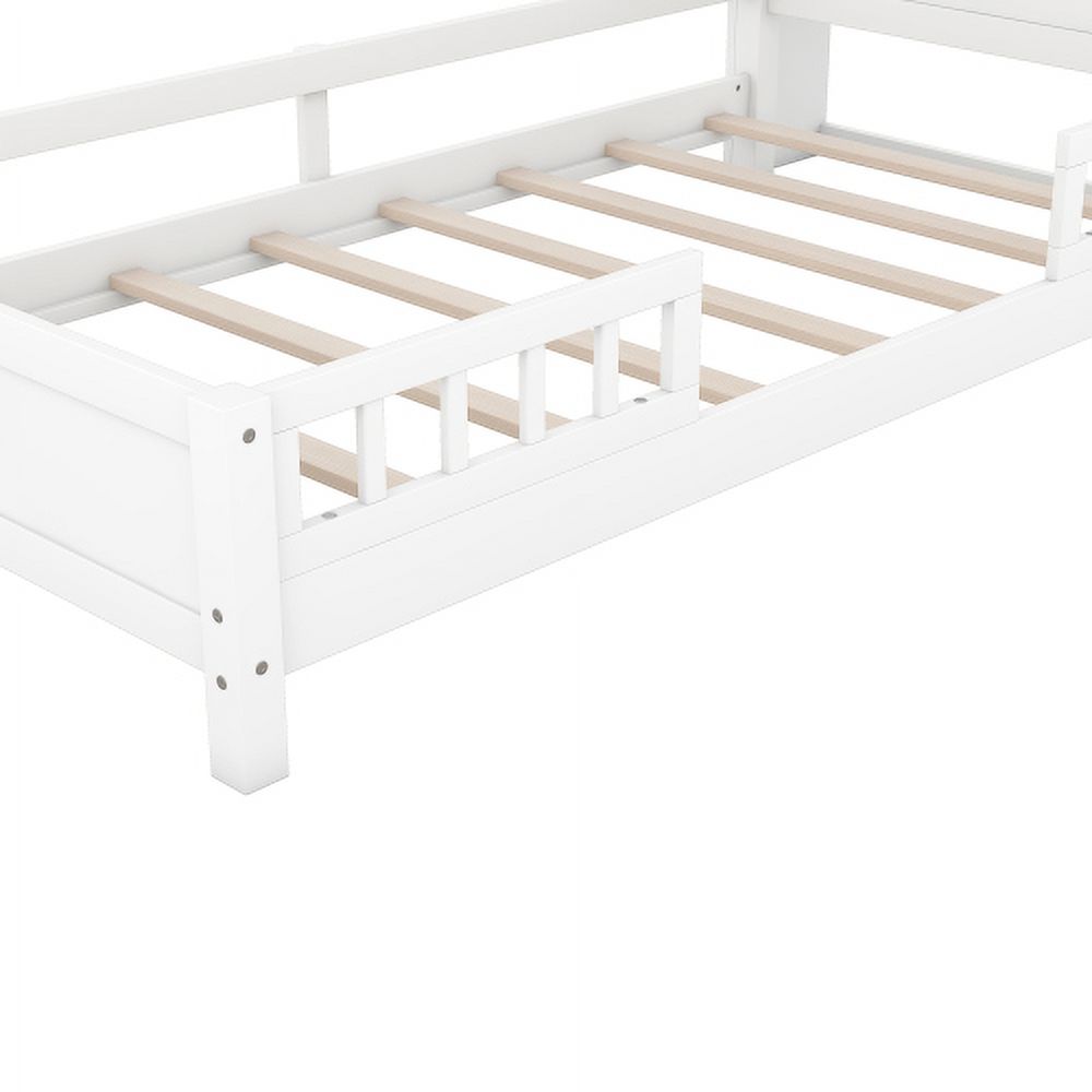 HICOMILA Twin Size Bed with Safety Guardrails and Storage Headboard, Wood Platform Bed Frame with Shelves and Built-in LED Light, White