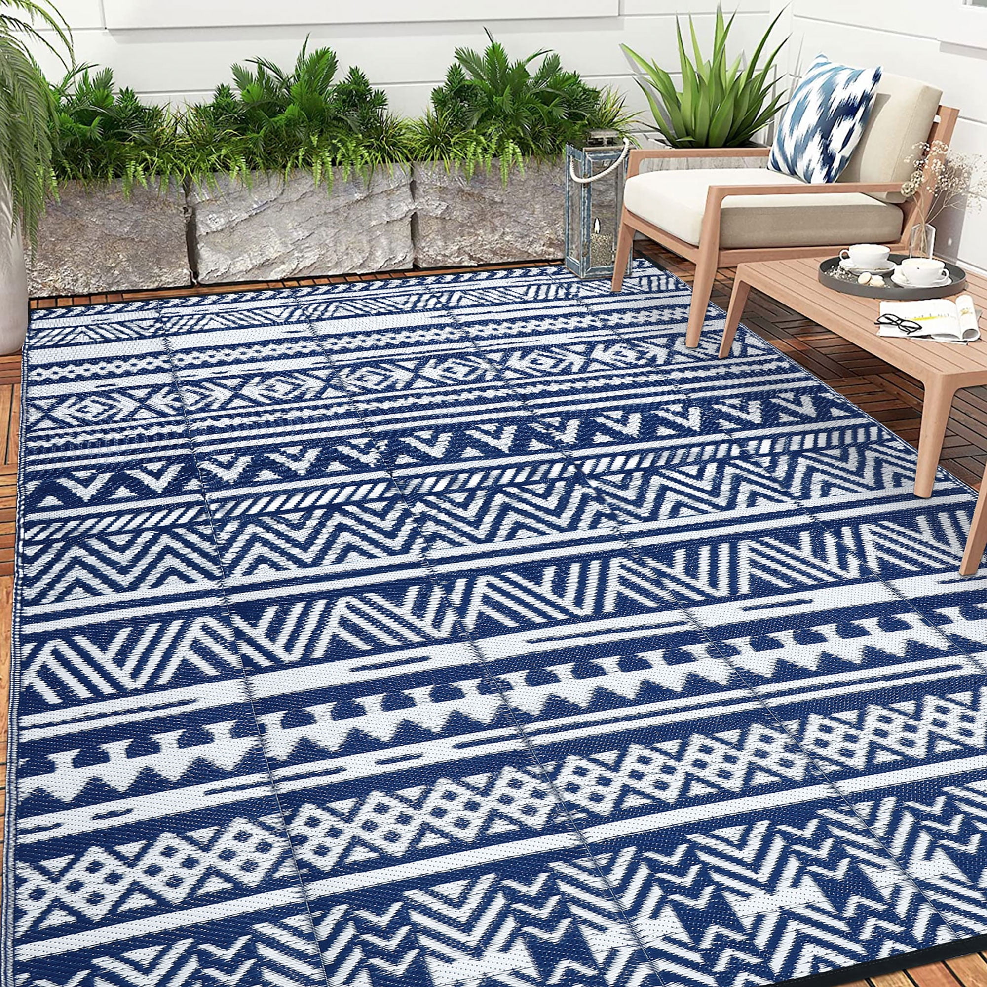 Pauwer 5'x 8' Blue Reversible Outdoor Rug Clearance Plastic Straw Rug