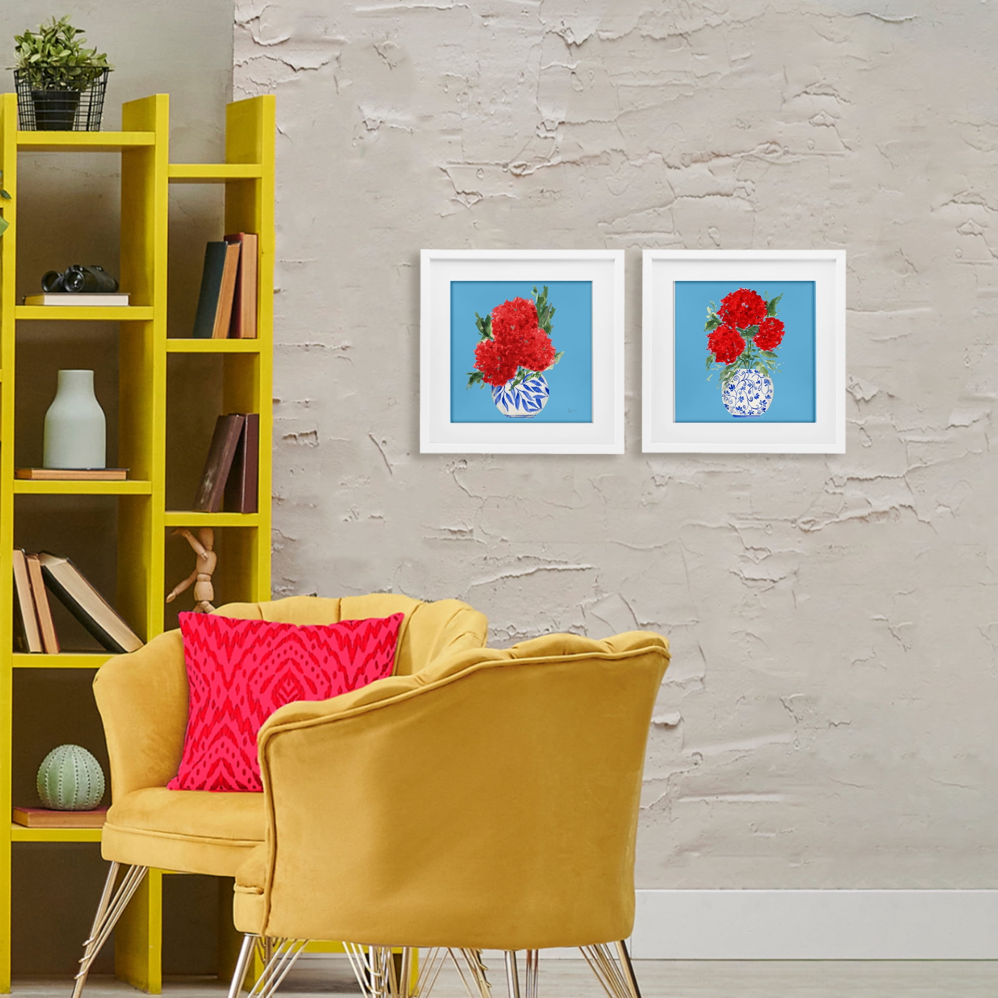 Stupell Industries Bright Red & Blue Hydrangeas 2 Piece White Framed Print Under Glass Set, design by Lucille Price