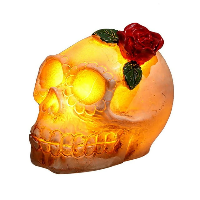 Halloween Skeleton Lights Statues with Flowers Skeleton Head Statue Light Horror Haunted House Party Ornament with LED Light Type 1