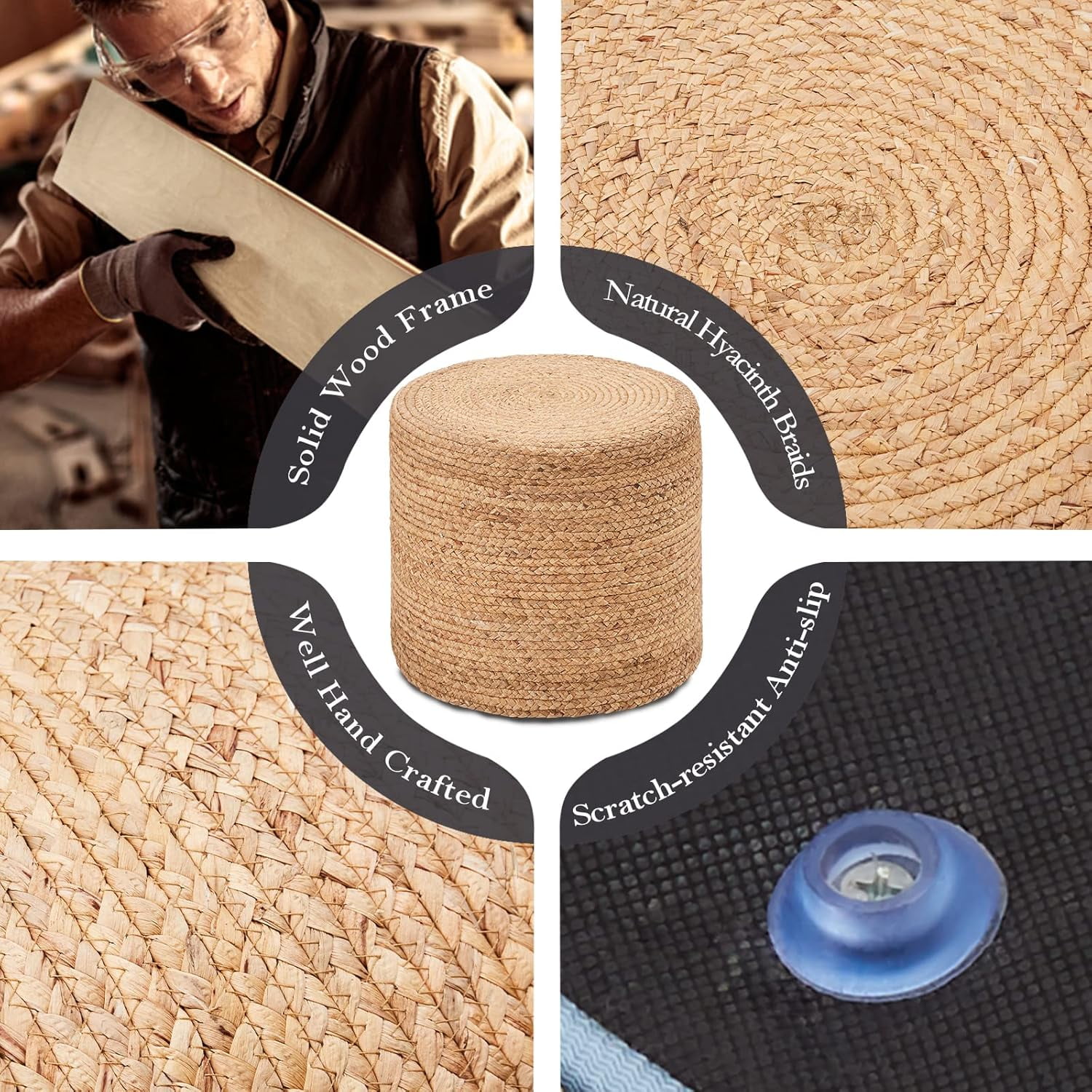 Handwoven Cattail Pouf Ottoman, Lightweight Durable Natural Jute Footrest, Versatile Vanity Stool Shoe Bench for Balcony Garden Living Room