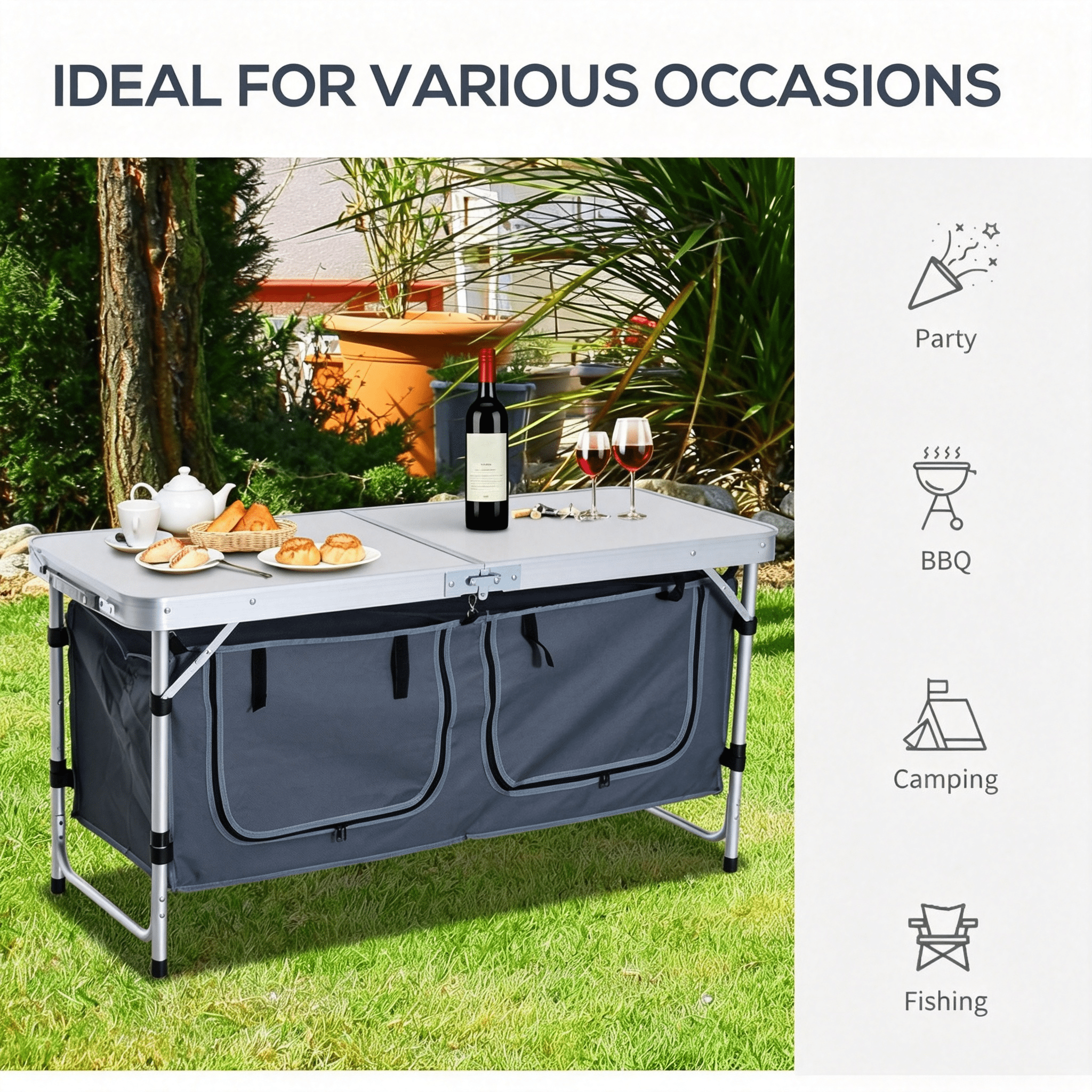 47" Aluminum Portable Camping Table, Folding Picnic Table with Handle & Storage, Silver