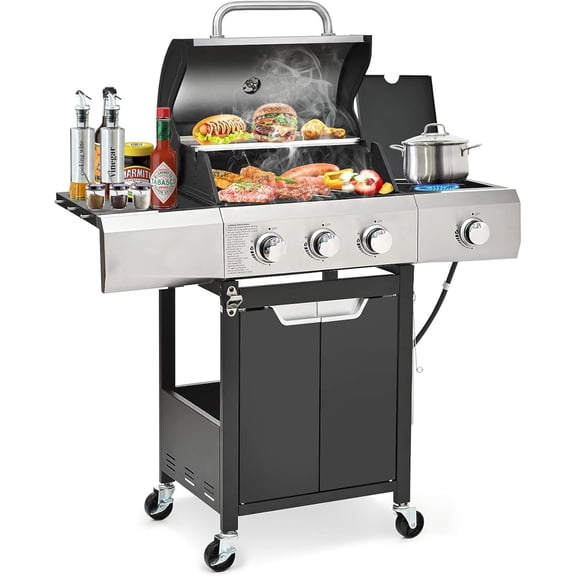 Upgraded 40,500 BTU Stainless Steel Burner Barbecue Grill, 3 Burner BBQ Propane Gas Grill with5Side Burner, 376 sq. in Cooking Area with Porcelain for Patio, Camping, Outdoor Cooking