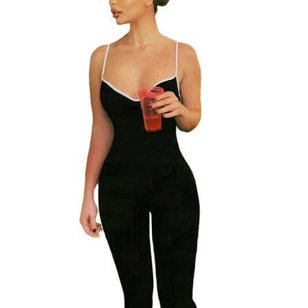 

Women Spaghetti Strap Sling Jumpsuits V-Neck Low-Cut Ribbed Long Rompers Sports Yoga Bodysuit