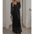 thumbnail image 2 of Vestido largo de mujer con cuello en V fruncido con volantes y manga acampanada con lentejuelas y abertura lateral Vestido largo con cinturón de cintura alta Negro L, 2 of 6