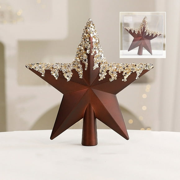 Chocolate Brown Glittery Star Christmas Tree Topper - 7.87" Festive Pentagram Ornament in Coffee Color, Durable Plastic Holiday Decor for Seasonal Home Styling