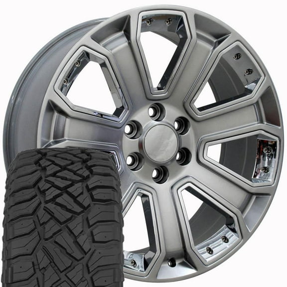OE Wheels CV93 20 Inch Rims and Tires Fit Silverado 1500 Style 6x139.7 20x8.5 Gloss Hyper Black with Chrome Insert - Hollander 5660 - TerraMax RT 275/55-20 (Set of 4)