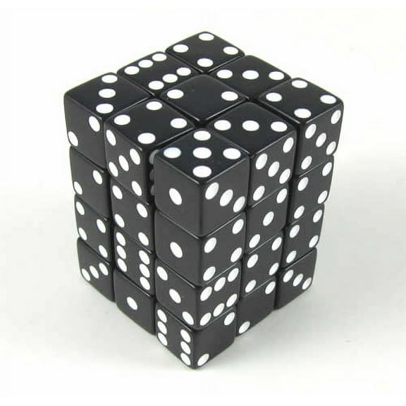 Black Opaque Squared Corner Dice with White Pips D6 12mm (1/2in) Pack of 36 Koplow Games