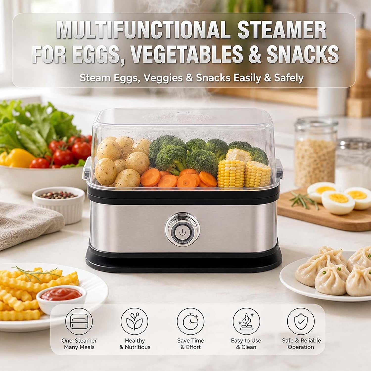 Multifunctional Egg Steamer with Clear Lid, 6 Capacity Electric Egg Cooker for Hard Boiled Eggs | Rapid 360° Steamer with Auto Shut-Off, Compact Metal Design for RV, Dorms & Fitness Meal Prep (1Pcs)