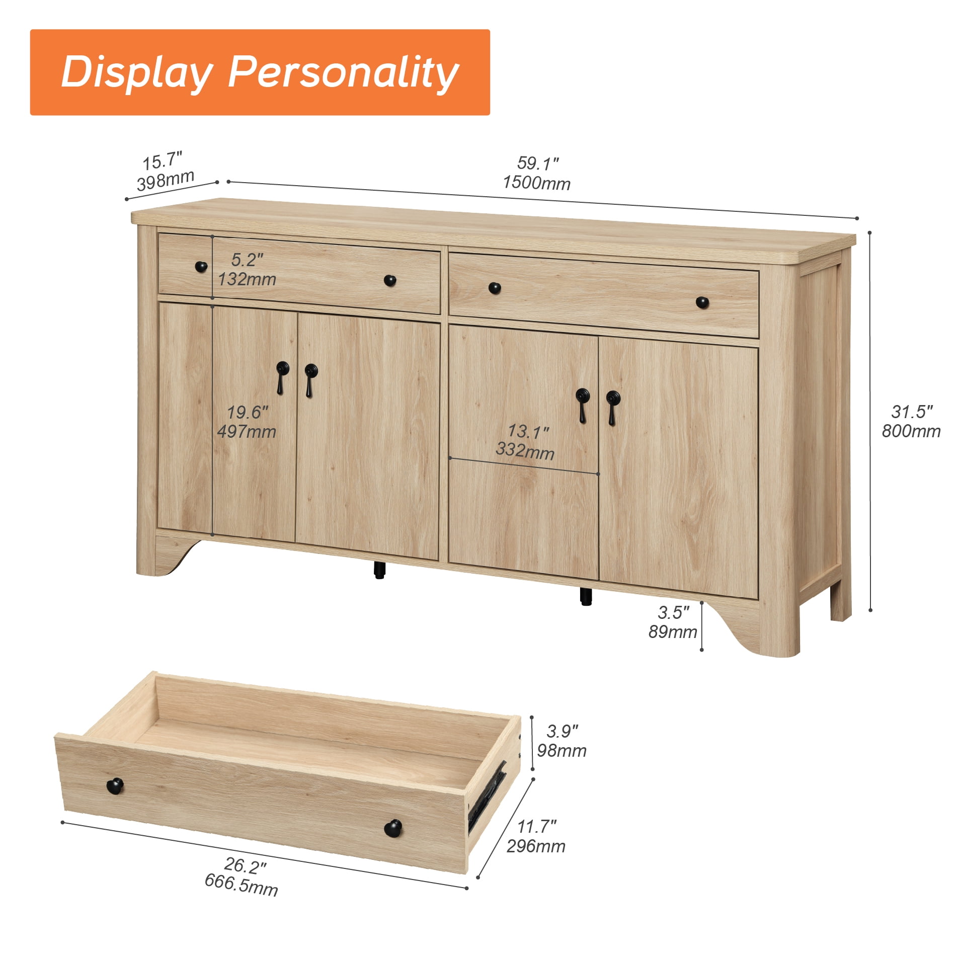 59" Wide Sideboard Buffet With 4 Doors And 2 Drawers, Adjustable Shelves