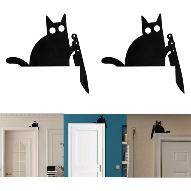 Decoración de esquina de puerta de gato de madera Patrón de gato con cuchillo Adorno navideño de gato negro Decoración de puerta de Halloween Marco de letrero Decoración de puerta navideña Gato (2 pie