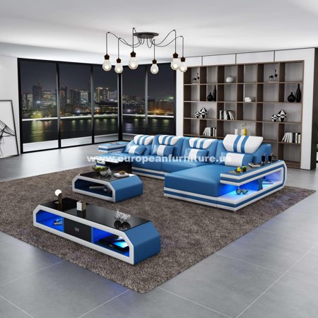 BLUE WHT Italian Leather Sectional Recliner RIGHT LIGHTSPEED EUROPEAN FURNITURE