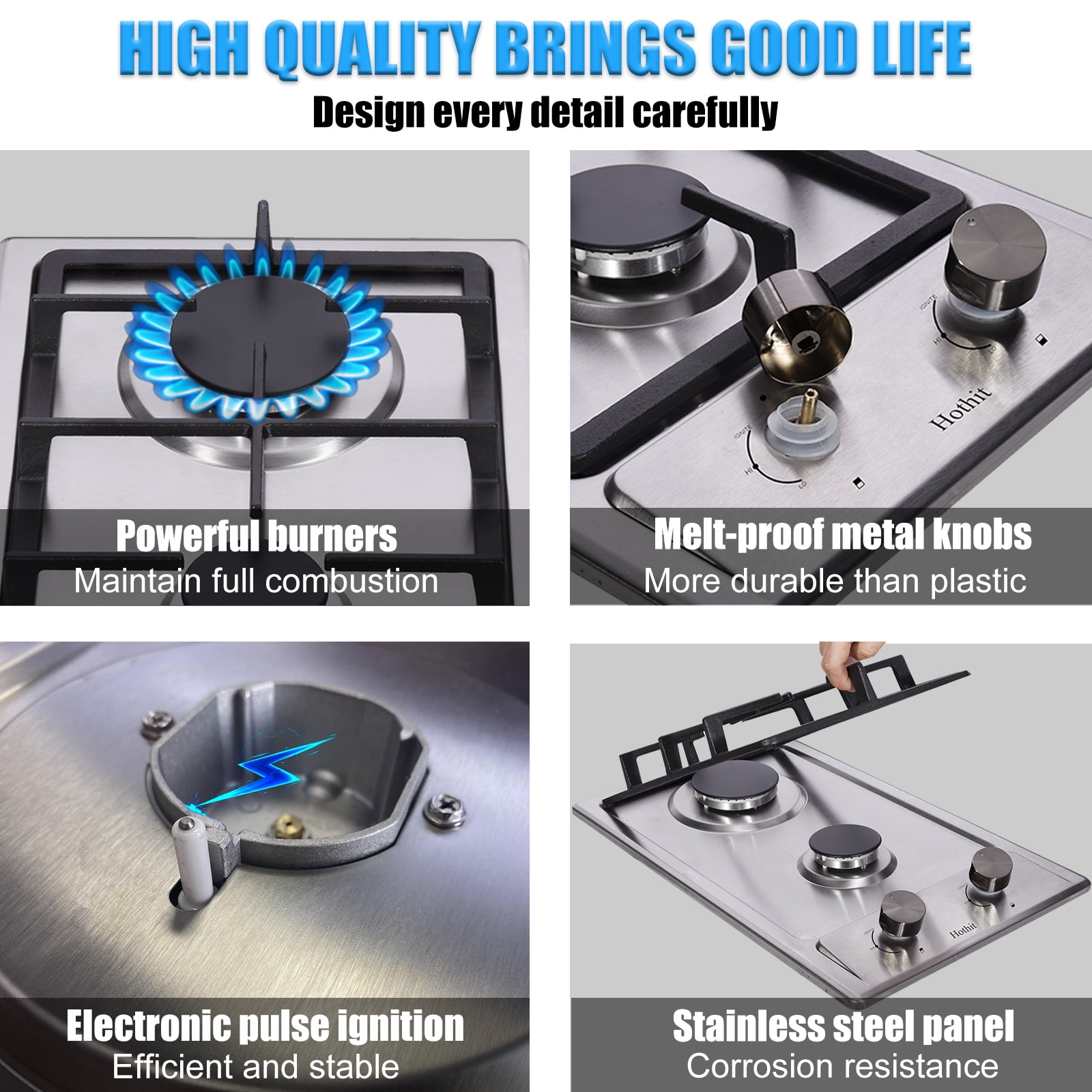 Hothit 2 Burner Propane Gas Cooktop 12" Inch Built-in Stainless Steel Stove Top Propane/Natural Gas Convertible Portable Gas rRange for Apartment Outdoor and RV (L12"×W20")