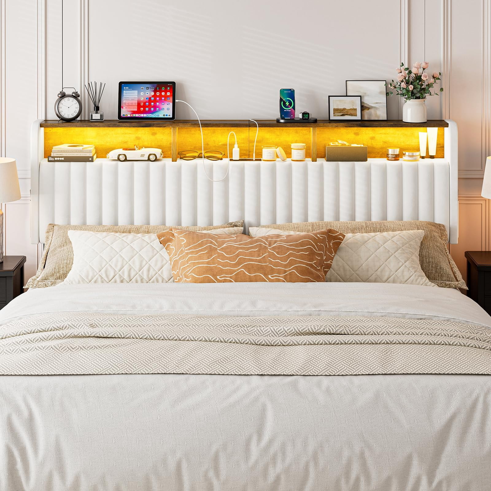 ARICOEASY King Size Headboard Modern Velvet Upholstered Headboard with Storage Shelf, LED Lights & USB Charging Station, Adjustable Height Freestanding Bed Headboard Only, White