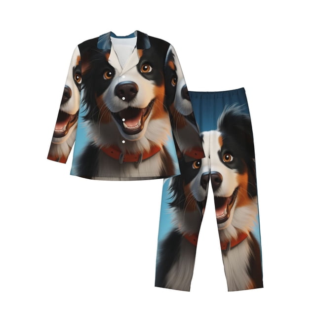 Fotbe Playful Smile Cute Dog Pijama de Hombre con Estampado de Manga Larga, Conjunto de 2 Piezas, Ropa de Dormir Suave y Cómoda con Bolsillos-Large