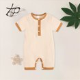 thumbnail image 2 of KPOPLK Summer Newborn Boy Clothes Pajama Button Down Short Sleeve Ribbed Romper Collared Bodysuit One-Piece PJM Size 3-6 Months,Beige, 2 of 9