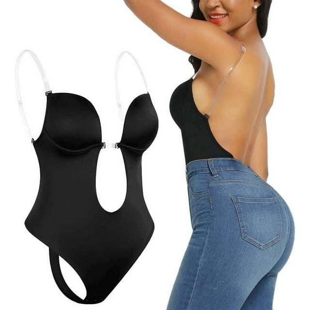 XINQIHANG Soutien-Gorge Gainant Dos Nu, Justaucorps Intégral String Aguichant Sans Coutures à Col en V Profond pour Femmes, Robe de Soirée Soutiens-Gorge Invisibles (Noir,m)