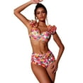 thumbnail image 5 of Flaxmaker Women Bikini Swimsuit V Neck Ruffled Straps Floral Print Bathing Suit Two pieces Swimwear Set, 5 of 10