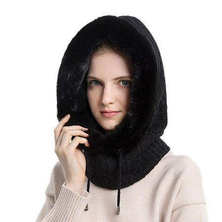 Hat Scarf Set Beanie Winter Womens Soft Earflaps Hooded Thick Knitted Mouth Neck Warm for Ladies Cycling Camping Ski - Black