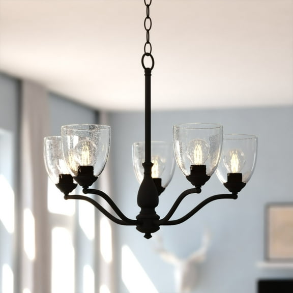 Bellwood 5-Light 24.5 in. Wide Black Chandelier, Clear Seeded Glass Shade, LED Compatible, Adjustable Height, Hanging Ceiling Pendant Fixture for Dining Table Kitchen Entryway Bedroom Island Foyer