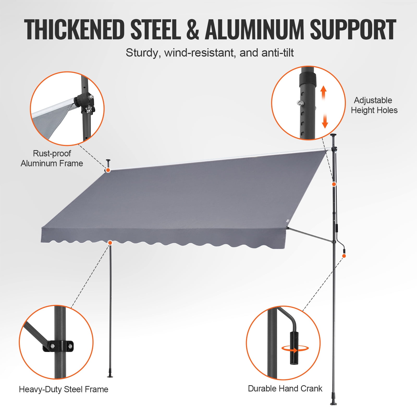 KFFKFF 138 x 47" Outdoor Retractable Awning, Manual Sunshade Canopy with Crank Handle, Height Adjustable 86 to 122 in, Ideal for Patio/Balcony/Yard, Dark Gray
