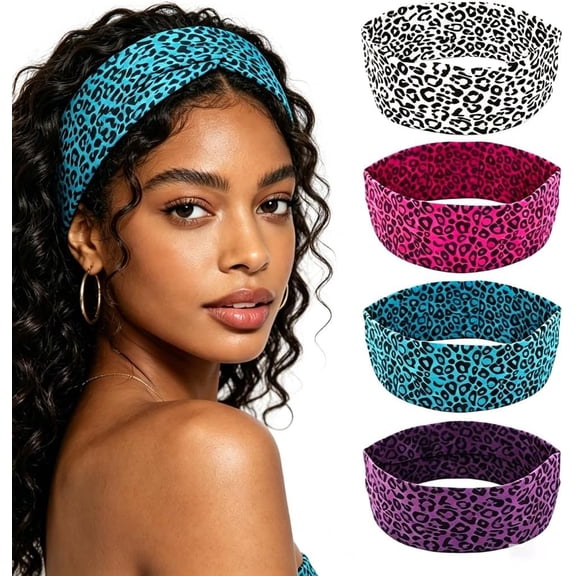 4 count Boho Yoga Headbands Leopard Print Hair Accessories for Women